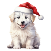 watercolor cute puppy face with smiling expressions, wearing a santa hat . AI Generated png