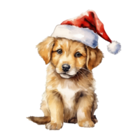 watercolor cute puppy dog face with smiling expressions, wearing a santa hat . AI Generated png