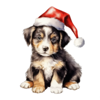 watercolor cute puppy dog face with smiling expressions, wearing a santa hat . AI Generated png