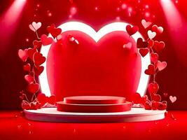San Valentín día antecedentes con rojo corazón y etapa podio. 3d representación foto