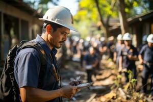 Workers using technical tools to estimate the environment. Generative AI photo