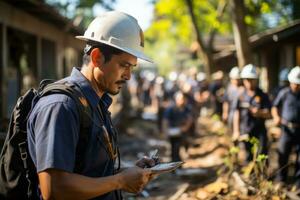 trabajadores utilizando técnico herramientas a estimar el ambiente. generativo ai foto