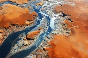 View from orbit of a lush river delta in the middle of a desert. Generative AI photo