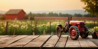 Empty wooden table top with farm landscape whit tractor during the autumn. Generative AI photo