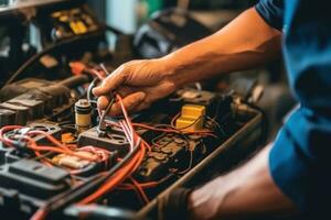 técnico cheque el eléctrico sistema dentro el coche. generativo ai foto