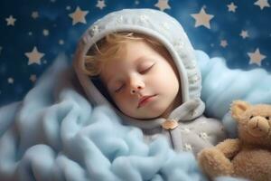 A small child is sleeping in soft clouds, surrounded by space, starry sky and peace. Generative AI photo