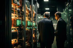 Businessmen having a discussion in a modern data center, surrounded by servers. Generative AI photo