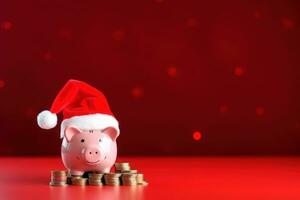 cerdito banco con Papa Noel claus sombrero y monedas en festivo rojo antecedentes. generativo ai foto