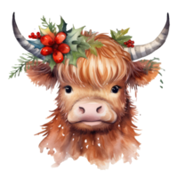 watercolor cute adorable Highland cow with santa hat . AI Generated png