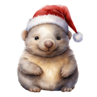 watercolor cute smiling wombat wearing a santa hat . AI Generated png