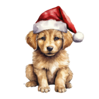 watercolor cute puppy dog face with smiling expressions, wearing a santa hat . AI Generated png