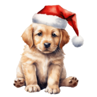 watercolor cute puppy dog face with smiling expressions, wearing a santa hat . AI Generated png