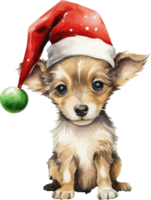 watercolor cute puppy dog face with smiling expressions, wearing a santa hat . AI Generated png