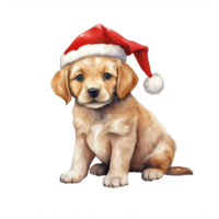watercolor cute puppy dog face with smiling expressions, wearing a santa hat . AI Generated png