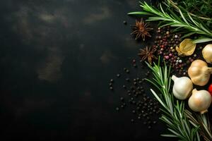 rosemary, garlic, spices on dark black concrete table background, clear and clean view, top view. Generative AI photo
