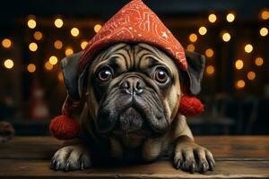New years team festivity dog with Christmas tree on his head. Generative AI photo