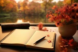 Notebook on the desk, pen next to it, closeup, Autumn lake in the background. Generative AI photo