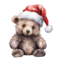 watercolor cute baby bear with santa hat . AI Generated png