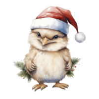 watercolor cute smiling bird with chubby cheeks and large eyes. wearing a santa hat . AI Generated png
