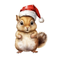 watercolor cute baby Squirrel wearing Santa Claus hat . AI Generated png