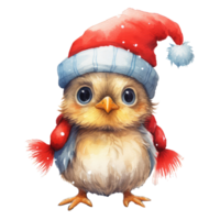 watercolor cute friendly cartoon baby robin wearing red Santa hat  . AI Generated png