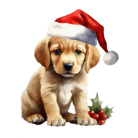 watercolor cute puppy dog face with smiling expressions, wearing a santa hat . AI Generated png