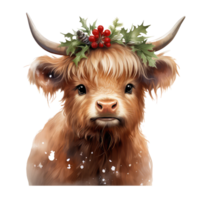 watercolor cute adorable Highland cow with santa hat . AI Generated png