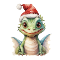 cute watercolor christmas dragon, wearing christmas hat . AI Generated png