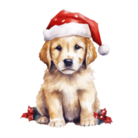 watercolor cute puppy dog face with smiling expressions, wearing a santa hat . AI Generated png