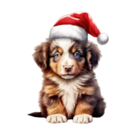 watercolor cute puppy dog face with smiling expressions, wearing a santa hat . AI Generated png