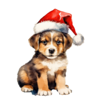 watercolor cute puppy dog face with smiling expressions, wearing a santa hat . AI Generated png