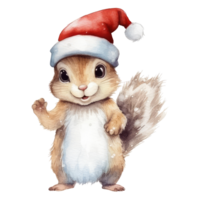 waterverf schattig baby eekhoorn vervelend de kerstman claus hoed . ai gegenereerd png