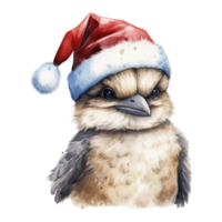 watercolor cute smiling baby kookaburra with chubby cheeks and large eyes. wearing a santa hat . AI Generated png