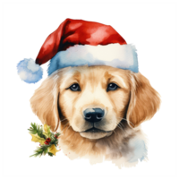 vattenfärg söt valp hund ansikte med leende uttryck, bär en santa hatt . ai genererad png