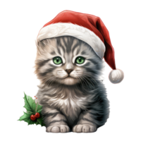 Aquarell süß Kätzchen Katze Gesicht mit lächelnd Ausdrücke, tragen ein Santa Hut . ai generiert png