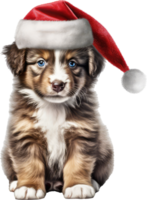 watercolor cute puppy dog face with smiling expressions, wearing a santa hat . AI Generated png