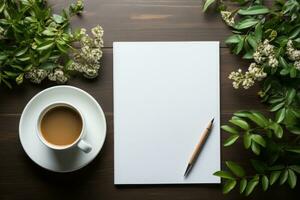 un oficina escritorio un apilar de a4 blanco papel, un bolígrafo, un taza de café. generativo ai foto