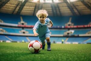 Dribbling small boy plays football in stadium. Generative AI photo