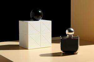 Perfume bottle minimalist plane geometric composition focus on bottle. Generative AI photo