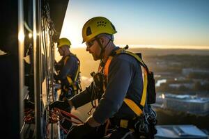 A workers working at height with safety harness. Generative AI photo