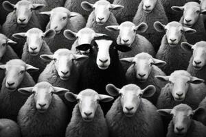 One black sheep in a flock of white sheep. Generative AI photo