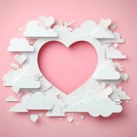 Valentine's day on pink background with white paper cut, clouds and heart  background photo