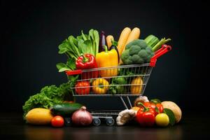 Shopping trolley full with vegetables and fruits. Generative AI photo