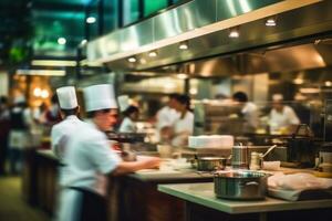 borroso restaurante antecedentes con algunos personas comiendo y cocineros y camareros laboral. generativo ai foto