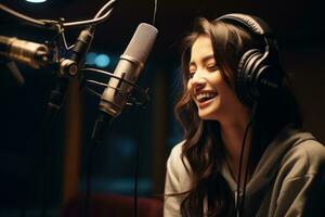 Beautiful woman recording a song in record studio, singing, expressing her talent as a singer with headphones on. Generative AI photo