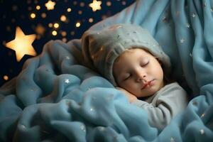 A small child is sleeping in soft clouds, surrounded by space, starry sky and peace. Generative AI photo