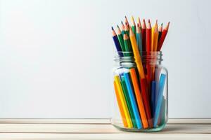 A Jar filled to the brim with colorful and diverse school supplies minimalist. Generative AI. photo