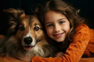 alegre niño abrazando amado mascota perro a hogar en el sofá, mejor amigo, amistad concepto, generativo ai foto