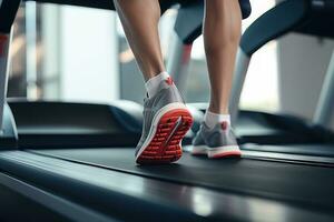 Close up of the activity of a leg running on a treadmill. Generative AI photo