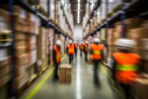 Blurred image of warehouse employees in action, moving shipping boxes efficiently. Generative AI photo